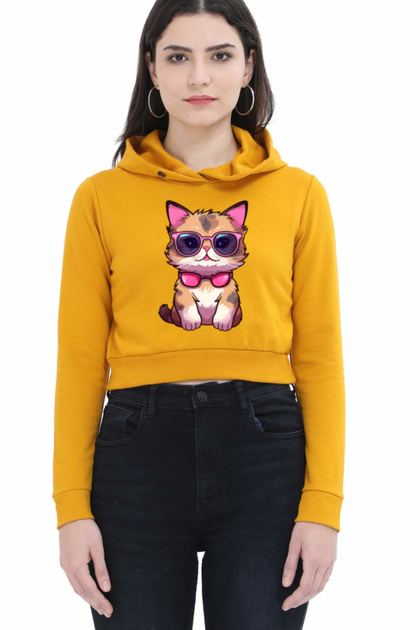 Trendy Cat Print Crop Hoodie for Female - Multiple Colors - Image 2