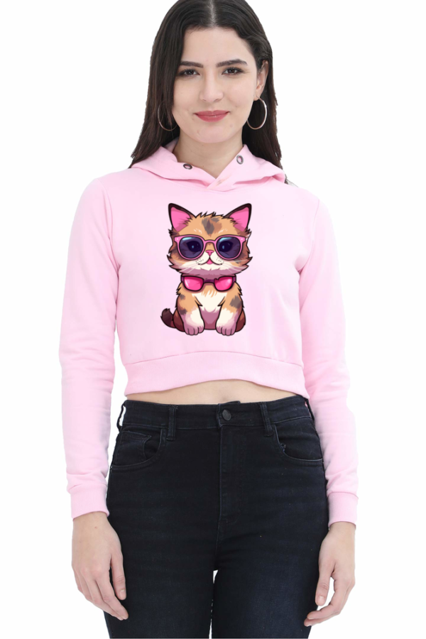 Trendy Cat Print Crop Hoodie for Female - Multiple Colors
