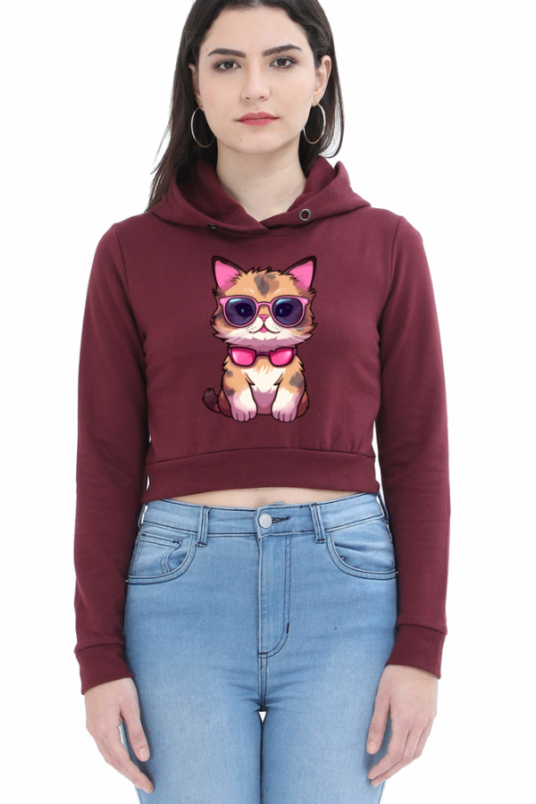 Trendy Cat Print Crop Hoodie for Female - Multiple Colors - Image 3