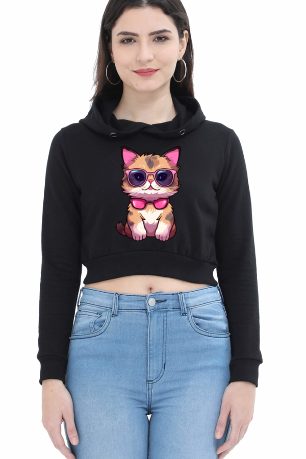 Trendy Cat Print Crop Hoodie for Female - Multiple Colors - Image 4